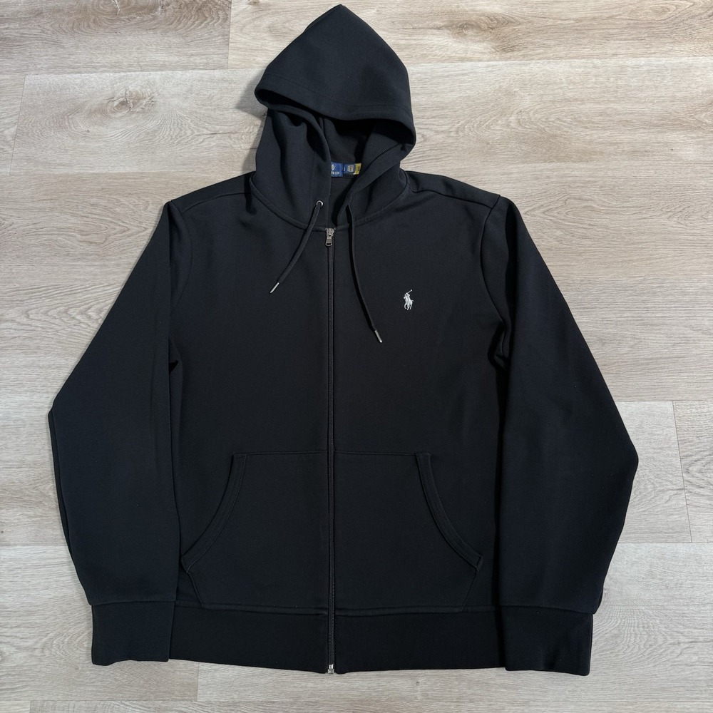 Polo Ralph Lauren Hoodie Men L Black Double Knit Full Zip Lightweight